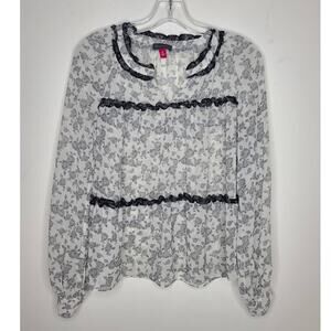 Vince Camuto black white floral babydoll tiered long sleeve blouse - XS
